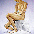 Tinted Figure Drawing of a Seated Female Nude Dreaming