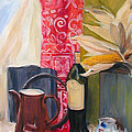 Oil Painting Still Life with Red Cloth and Pottery