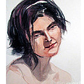 Watercolor portrait of a young pensive woman with headband